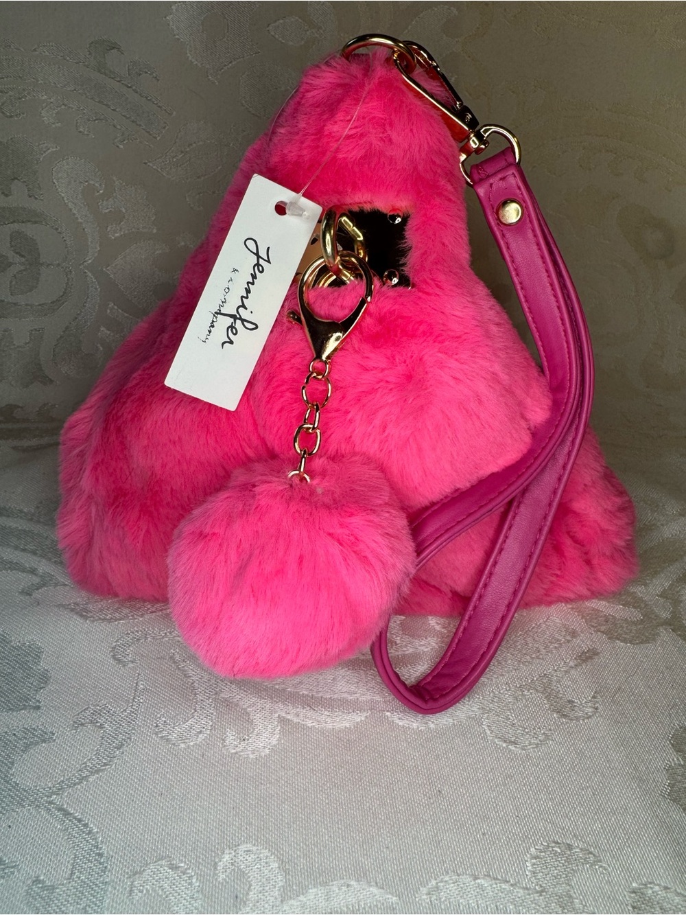 New Jennifer & Co Hot Pink Faux Fur Pom Pyramid Wristlet Clutch